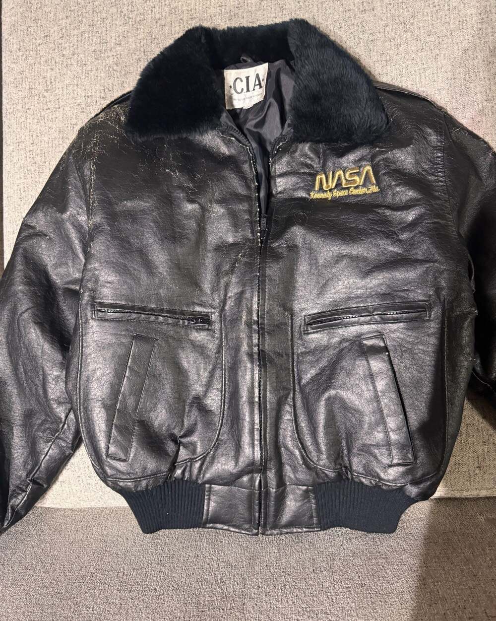 Vintage CIA NASA Leather Flight Aviator BomberJacket Faux Fur